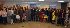 (County Council Chair Derrick Davis (c); Darla Garrett, Finance Program Manager, MD Department of Commerce; Shelley Gross-Wade, President & CEO, FSC First; Thomas Himler, Deputy Chief Administrative Officer, County Executive Baker’s Office; Jim Coleman, President & CEO, PGCEDC; David Iannucci, Assistant Deputy Chief Administrative Officer, County Executive Baker’s Office along with local small business owners at Economic Development Week Kick Off)